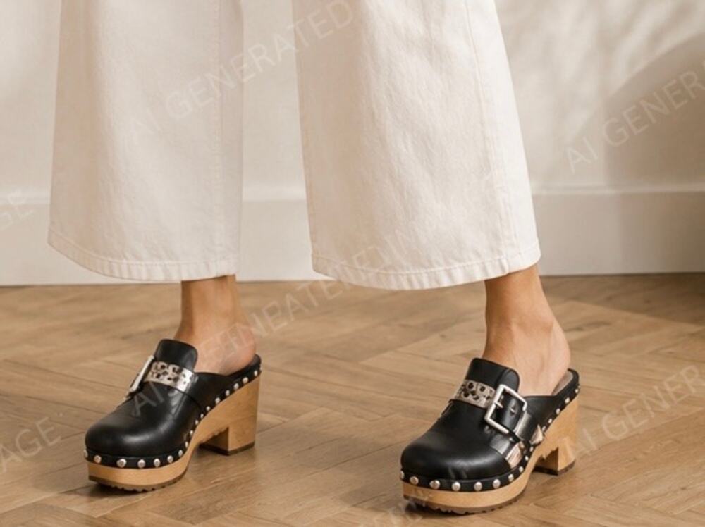 Lisa Vicky Vixen-V Black Polish Calf Platform‎ Clog Mule Heels Sz 7M NIB